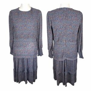 MDRN Blue Floral Tiered Long Sleeve Victorian Style Midi Dress. Size Small.